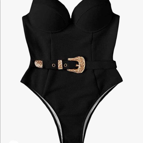 🎉New Sexy Push Up Underwire Solid Black Padded Buckle One Piece Swimsuit - Picture 6 of 7